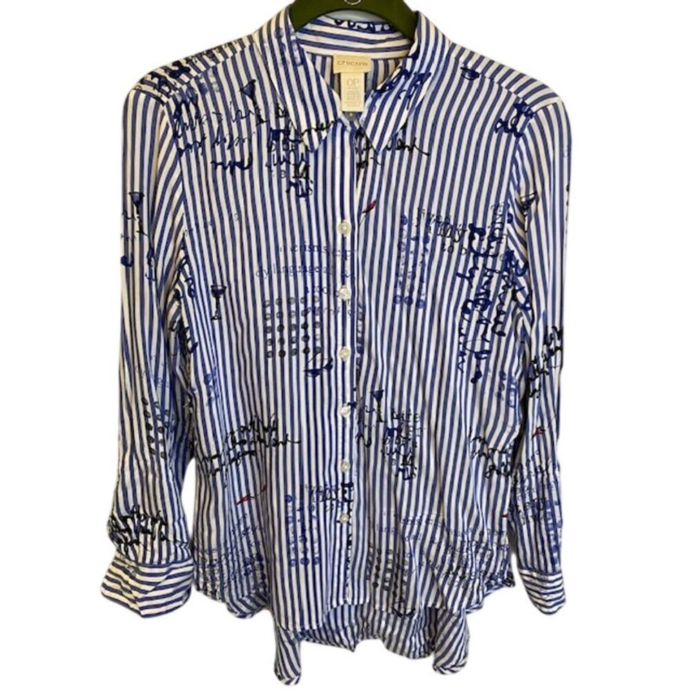 Chicos Womens Blue White Striped Script Writing High Low Button Up Shirt 0Petite